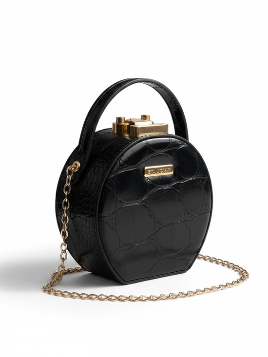 St. John Handbags - St. John Black Croc-Embossed Round Top-Handle Mini Bag with Gold Chain